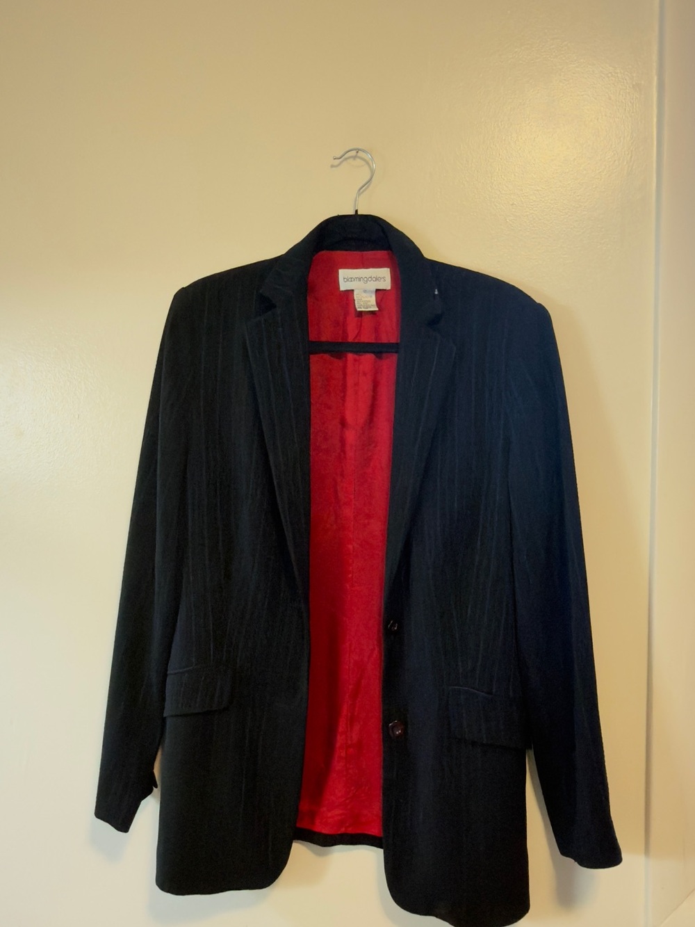 Vintage Bloomingdales Black Pinstripe Blazer Red Satin Lining Size 12